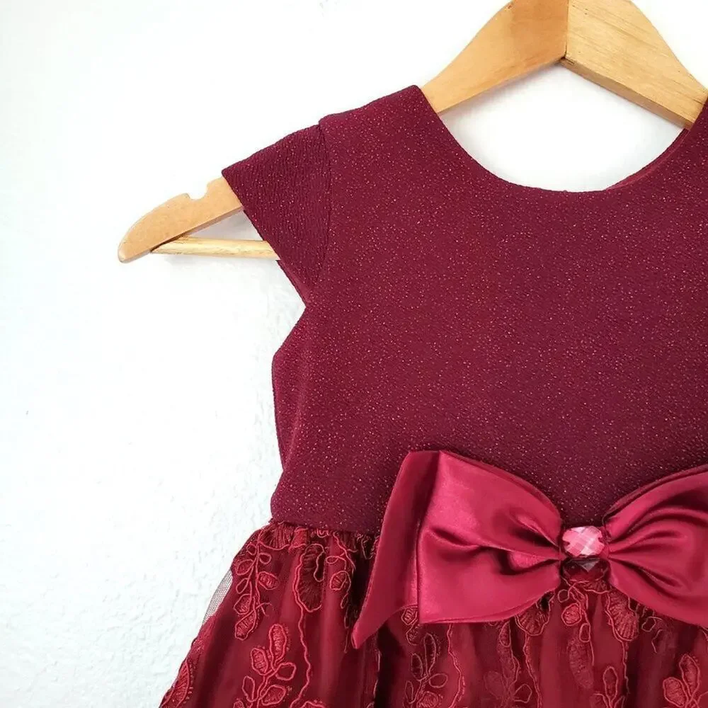 Youngland Girls Size 4 Red Glitter Floral Lace Holiday Dress Large Satin Bow